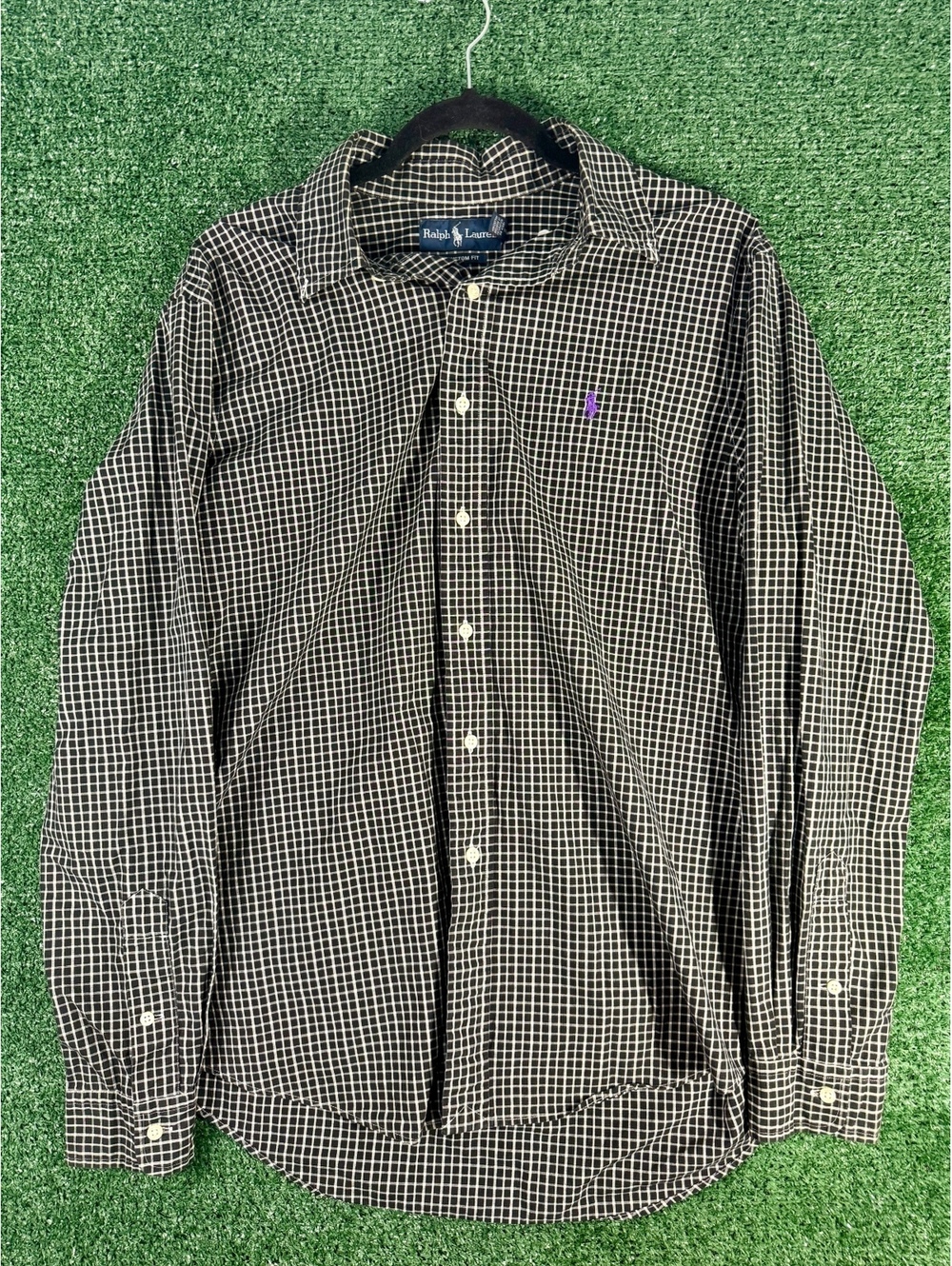 Polo Ralph Lauren Shirt Mens L Black White Gingham Custom Fit Purple Pony